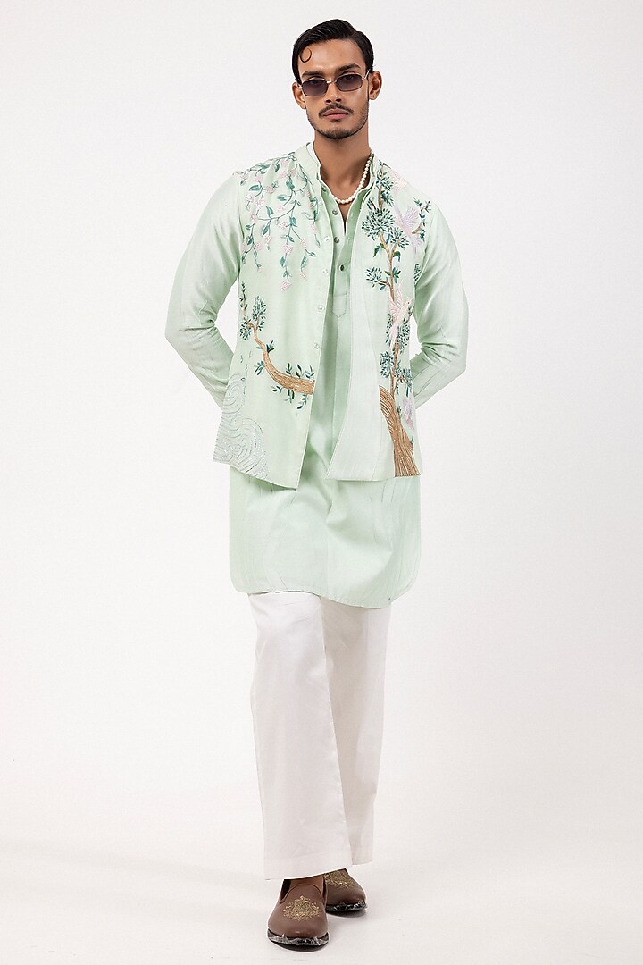 Menthol Colored Organza Embroidered Nehru Jacket Set by PAARSH at Pernia's Pop Up Shop
