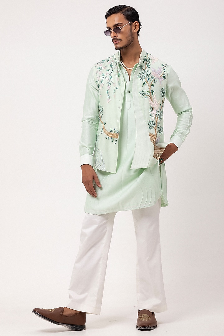 Menthol Colored Organza Embroidered Nehru Jacket Set by PAARSH at Pernia's Pop Up Shop