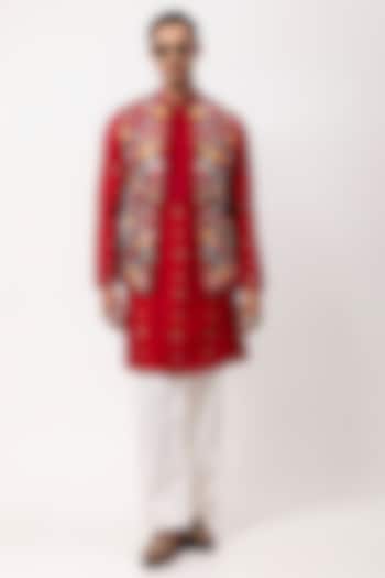 Red Bamberg Silk Thread Embroidered Nehru Jacket Set by PAARSH