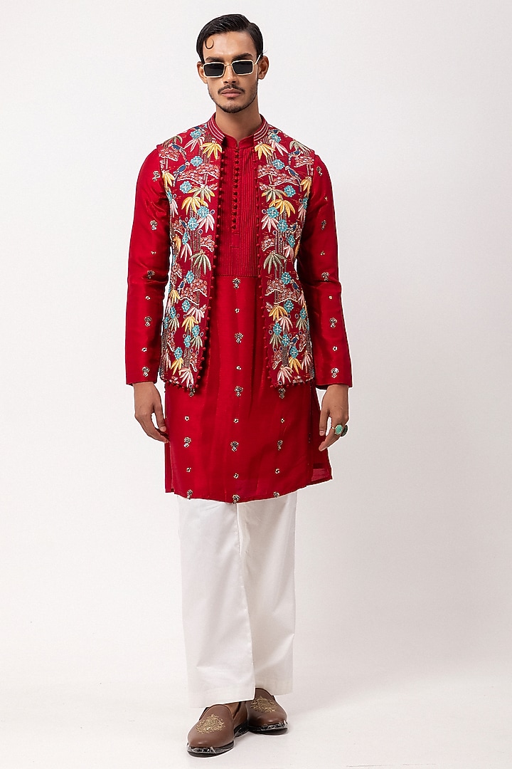 Red Bamberg Silk Thread Embroidered Nehru Jacket Set by PAARSH