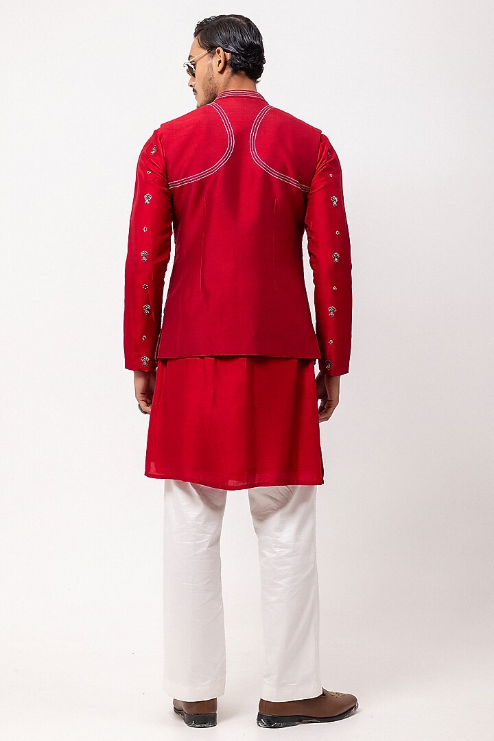 Red Bamberg Silk Thread Embroidered Nehru Jacket Set by PAARSH at Pernia's Pop Up Shop