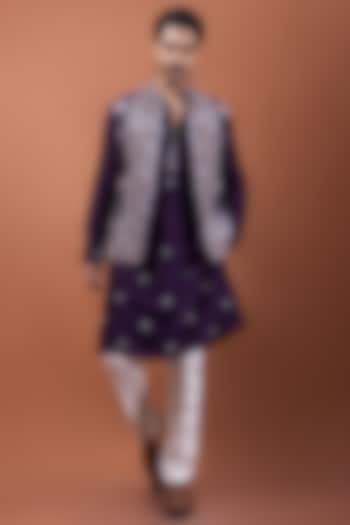 Purple Bamberg Silk Thread Embellished Nehru Jacket Set by PAARSH