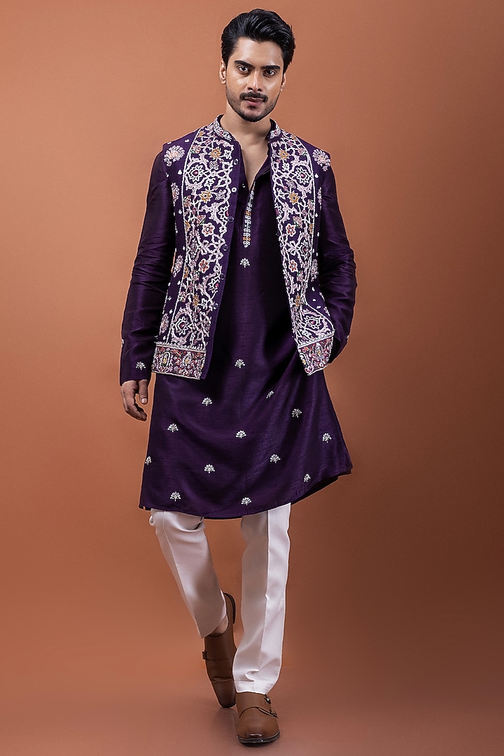 Purple Bamberg Silk Thread Embellished Nehru Jacket Set by PAARSH
