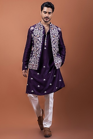 Purple Bamberg Silk Thread Embellished Nehru Jacket Set by PAARSH