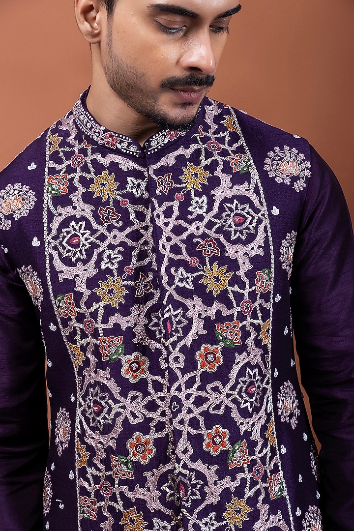 Purple Bamberg Silk Thread Embellished Nehru Jacket Set by PAARSH at Pernia's Pop Up Shop