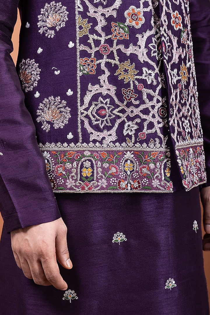 Purple Bamberg Silk Thread Embellished Nehru Jacket Set by PAARSH at Pernia's Pop Up Shop