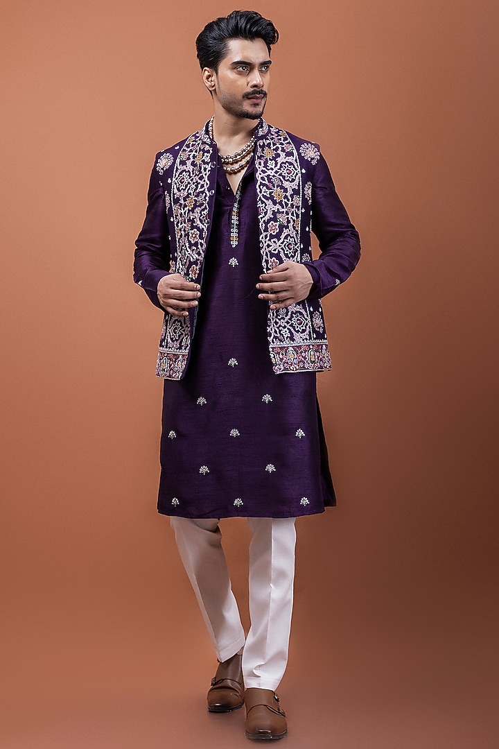 Purple Bamberg Silk Thread Embellished Nehru Jacket Set by PAARSH at Pernia's Pop Up Shop