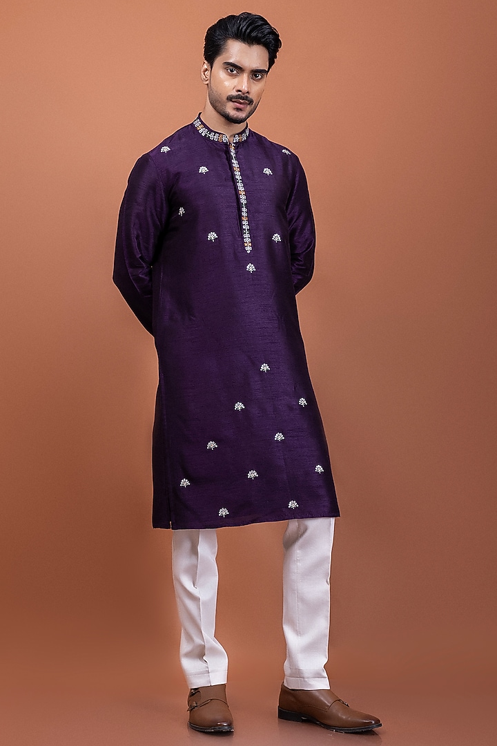 Purple Bamberg Silk Thread Embellished Nehru Jacket Set by PAARSH at Pernia's Pop Up Shop