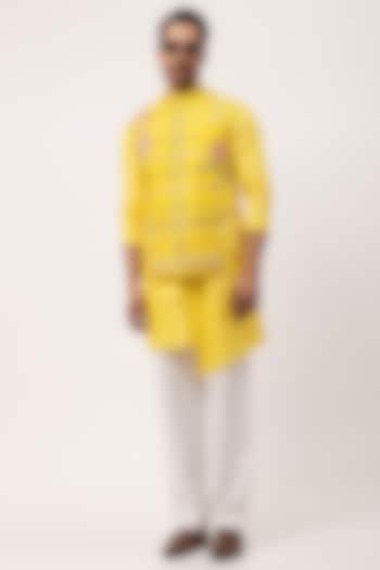 Yellow Bamberg Silk Floral Embroidered Nehru Jacket Set by PAARSH