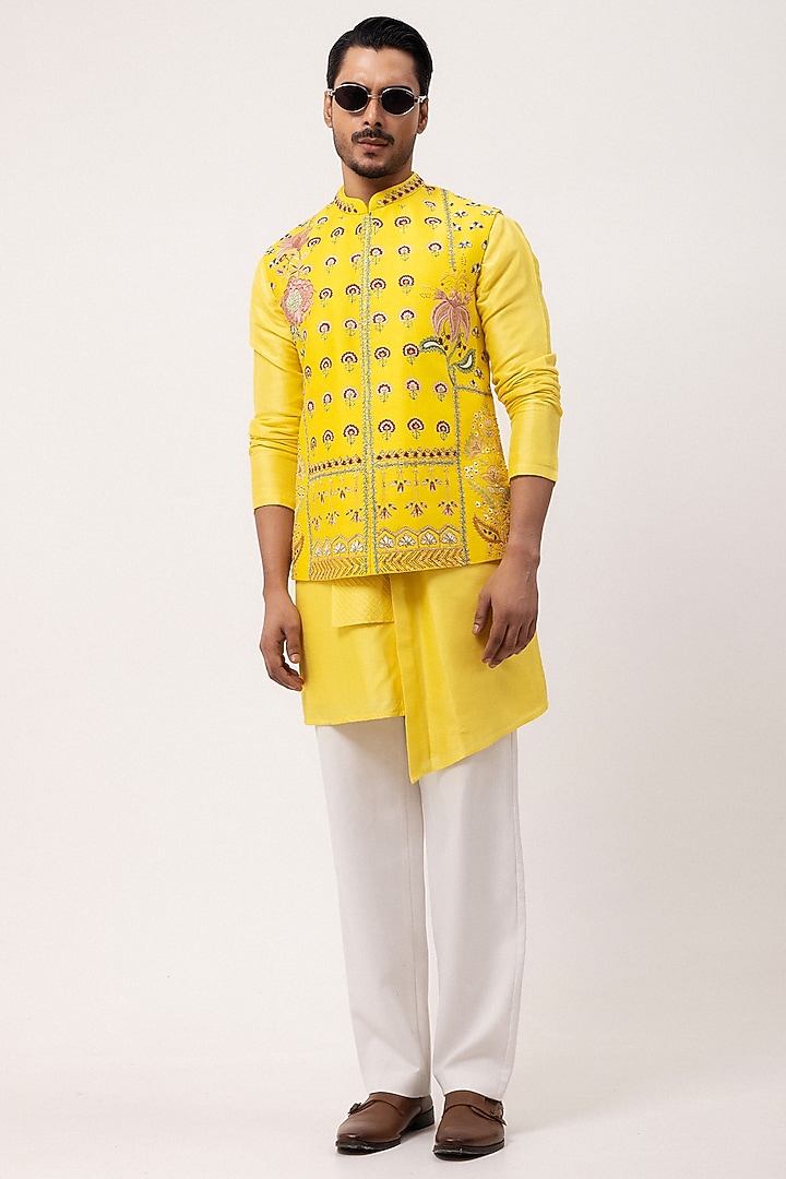 Yellow Bamberg Silk Floral Embroidered Nehru Jacket Set by PAARSH