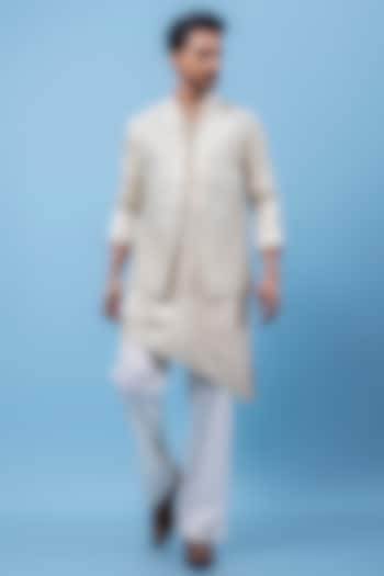 Ivory Organza & Chanderi Cutdana Embroidered Nehru Jacket Set by PAARSH