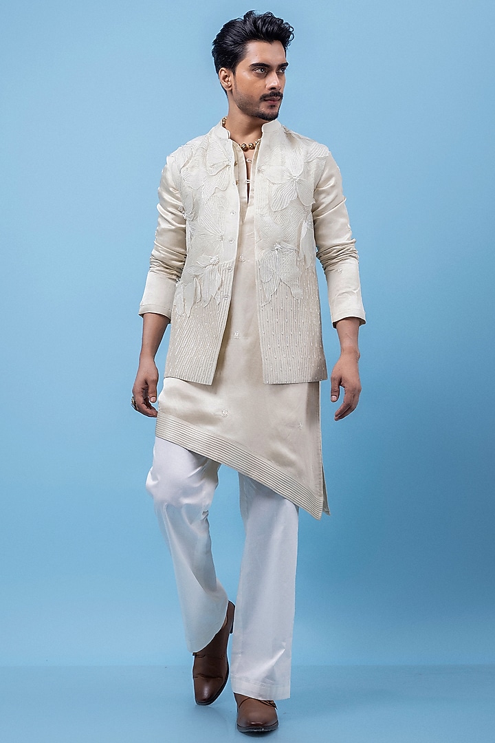Ivory Organza & Chanderi Cutdana Embroidered Nehru Jacket Set by PAARSH