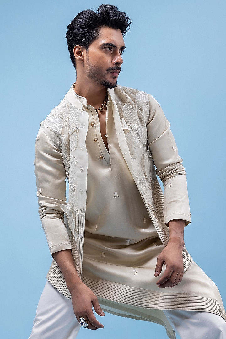 Ivory Organza & Chanderi Cutdana Embroidered Nehru Jacket Set by PAARSH at Pernia's Pop Up Shop