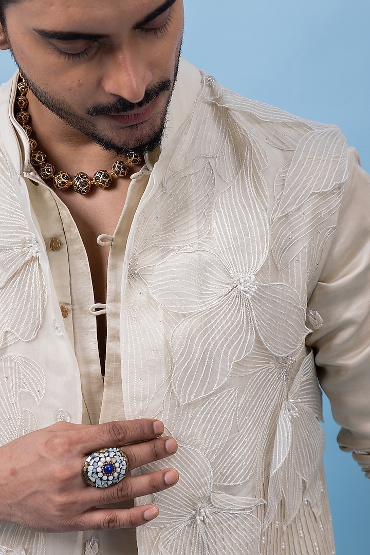 Ivory Organza & Chanderi Cutdana Embroidered Nehru Jacket Set by PAARSH at Pernia's Pop Up Shop