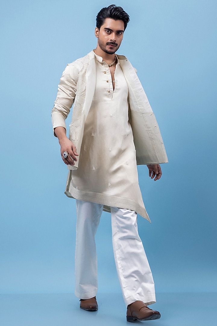 Ivory Organza & Chanderi Cutdana Embroidered Nehru Jacket Set by PAARSH at Pernia's Pop Up Shop