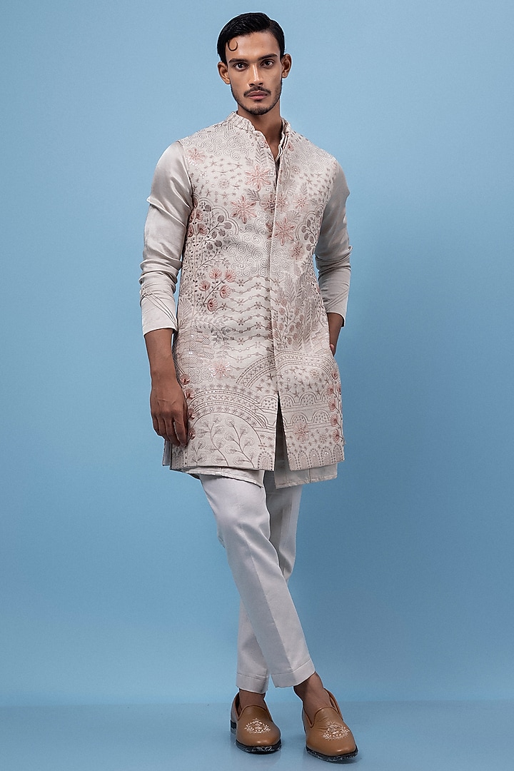Beige Linen Floral Threadwork Nehru Jacket Set by PAARSH
