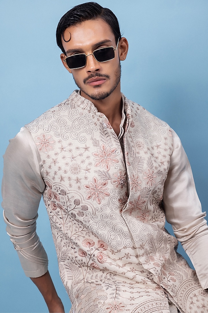 Beige Linen Floral Threadwork Nehru Jacket Set by PAARSH at Pernia's Pop Up Shop