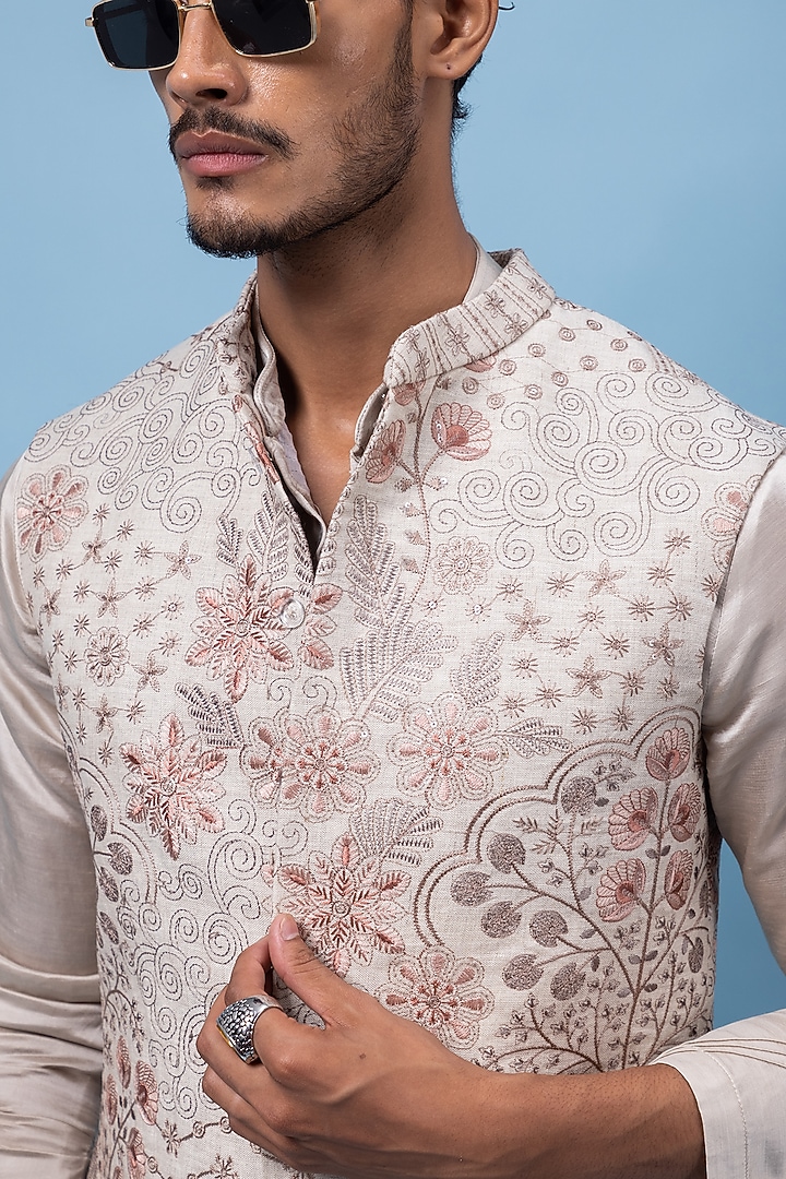 Beige Linen Floral Threadwork Nehru Jacket Set by PAARSH at Pernia's Pop Up Shop