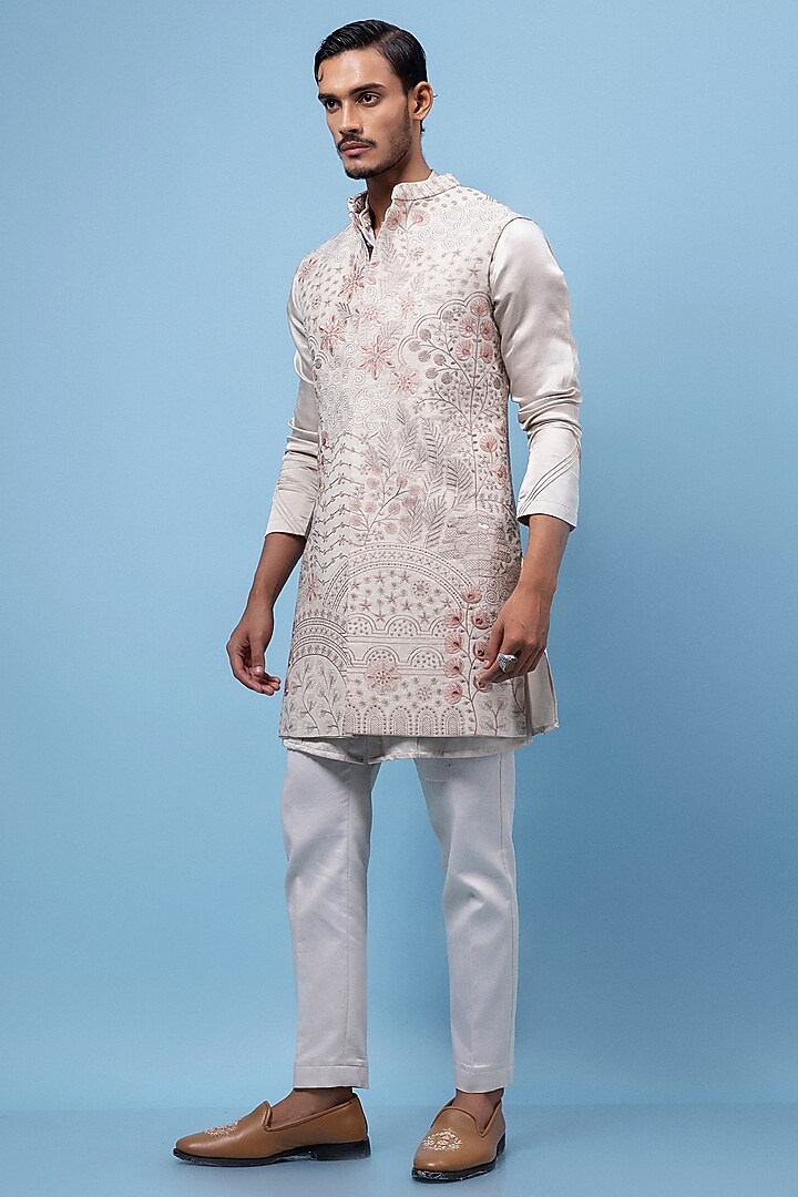 Beige Linen Floral Threadwork Nehru Jacket Set by PAARSH at Pernia's Pop Up Shop