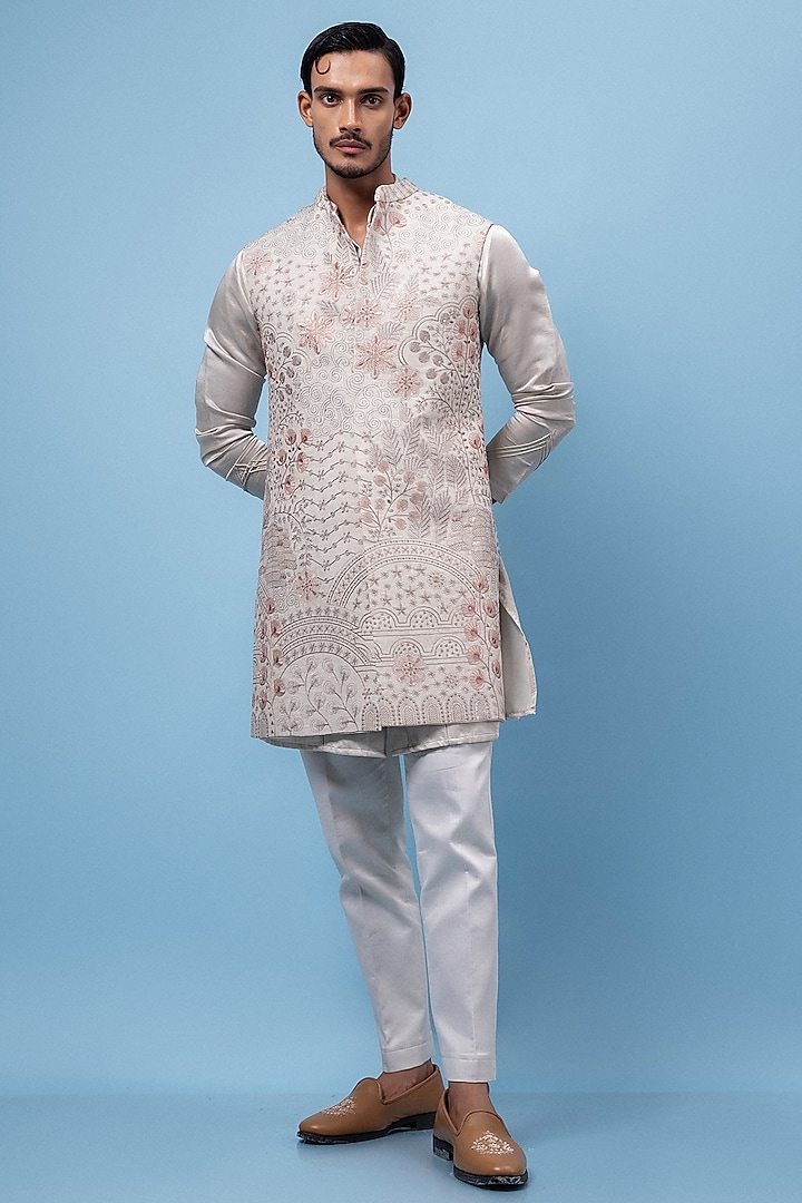 Beige Linen Floral Threadwork Nehru Jacket Set by PAARSH at Pernia's Pop Up Shop