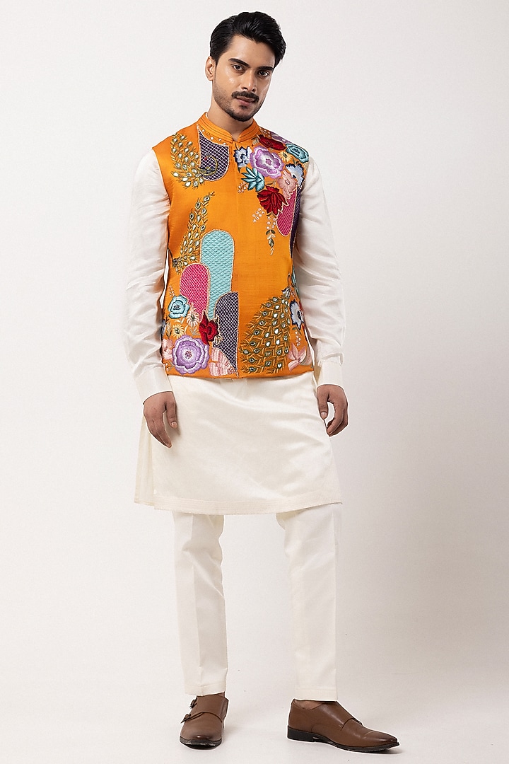 Orange Linen Satin Aari Embroidered Nehru Jacket Set by PAARSH
