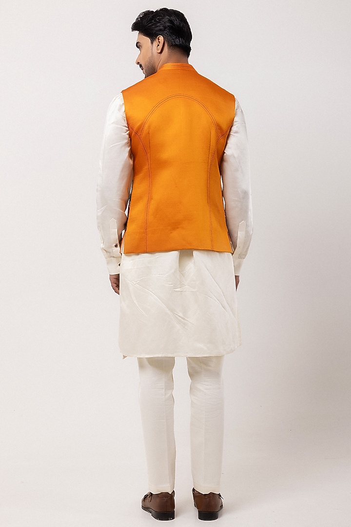 Orange Linen Satin Aari Embroidered Nehru Jacket Set by PAARSH at Pernia's Pop Up Shop