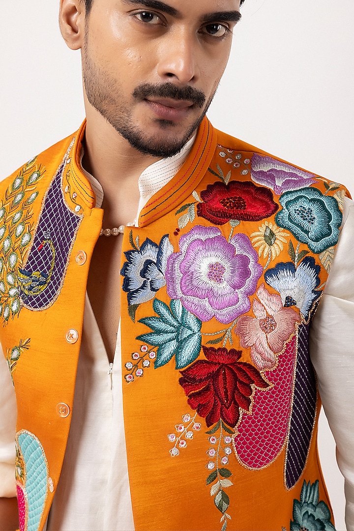 Orange Linen Satin Aari Embroidered Nehru Jacket Set by PAARSH at Pernia's Pop Up Shop