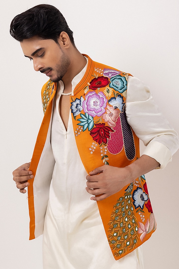 Orange Linen Satin Aari Embroidered Nehru Jacket Set by PAARSH at Pernia's Pop Up Shop