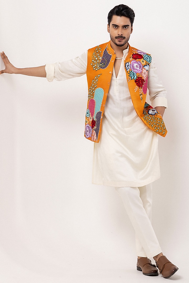 Orange Linen Satin Aari Embroidered Nehru Jacket Set by PAARSH at Pernia's Pop Up Shop