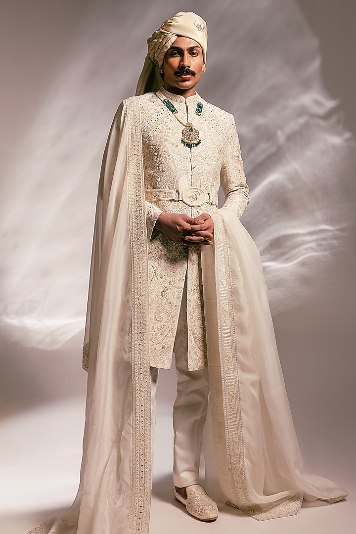 Ivory Raw Silk Resham Embroidered Groom Sherwani Set by PAARSH at Pernia's Pop Up Shop