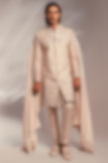 Light Pink Raw Silk Threadwork Groom Sherwani Set by PAARSH at Pernia's Pop Up Shop