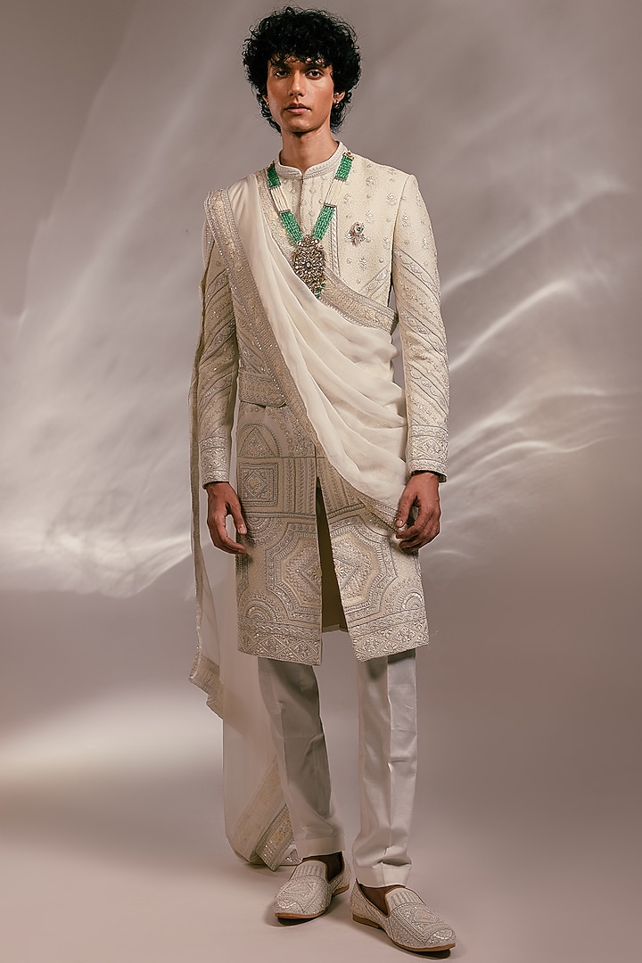 Ivory Bemberg Silk Resham Embroidered Groom Sherwani Set by PAARSH at Pernia's Pop Up Shop