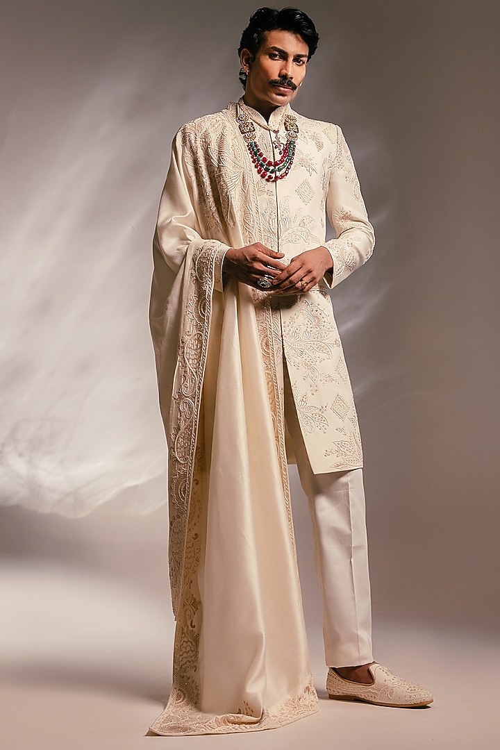 Ivory Bemberg Silk Resham Embellished Groom Sherwani Set by PAARSH at Pernia's Pop Up Shop