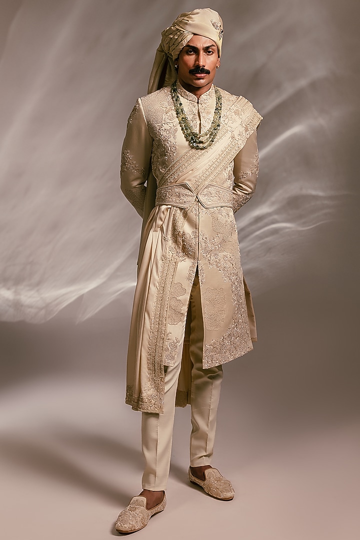 Beige Bemberg Silk Zardosi Embroidered Groom Sherwani Set by PAARSH at Pernia's Pop Up Shop