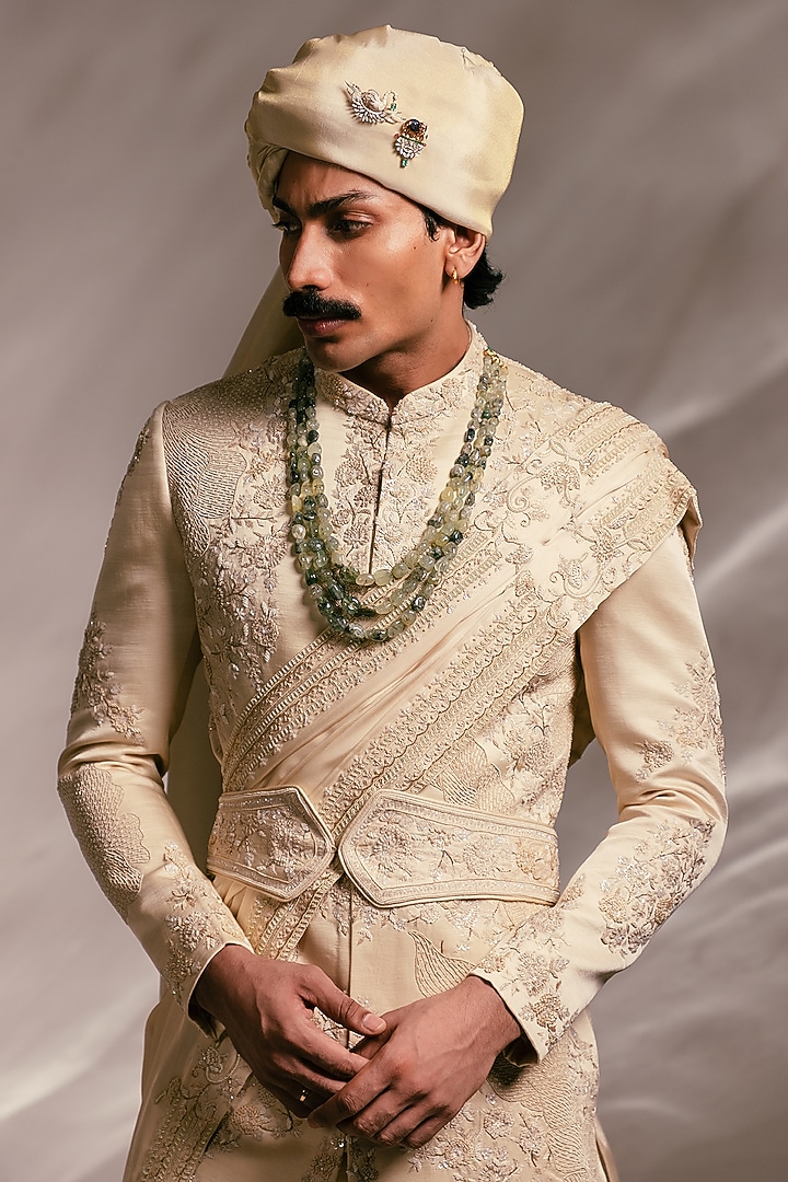 Beige Bemberg Silk Zardosi Embroidered Groom Sherwani Set by PAARSH at Pernia's Pop Up Shop