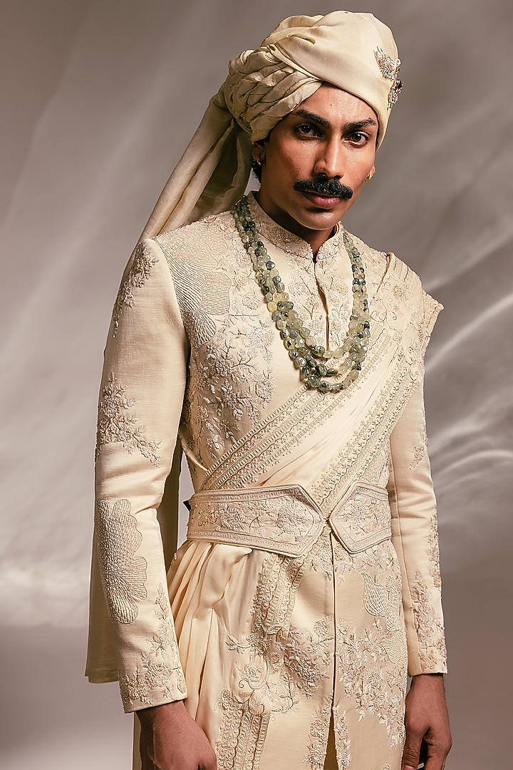 Beige Bemberg Silk Zardosi Embroidered Groom Sherwani Set by PAARSH at Pernia's Pop Up Shop