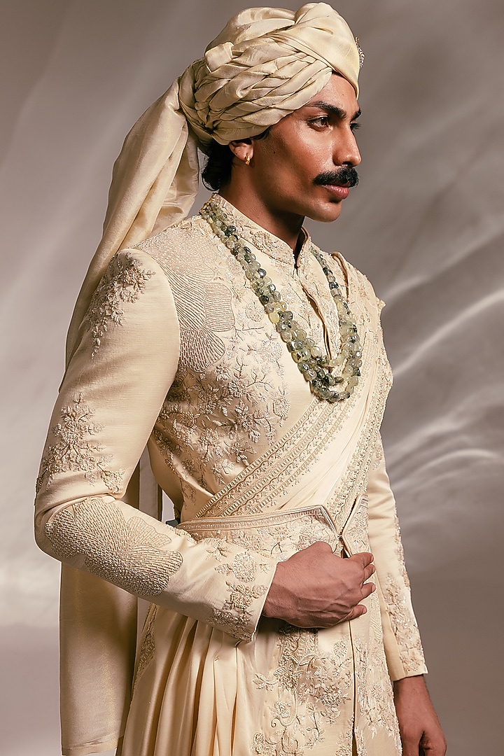 Beige Bemberg Silk Zardosi Embroidered Groom Sherwani Set by PAARSH at Pernia's Pop Up Shop