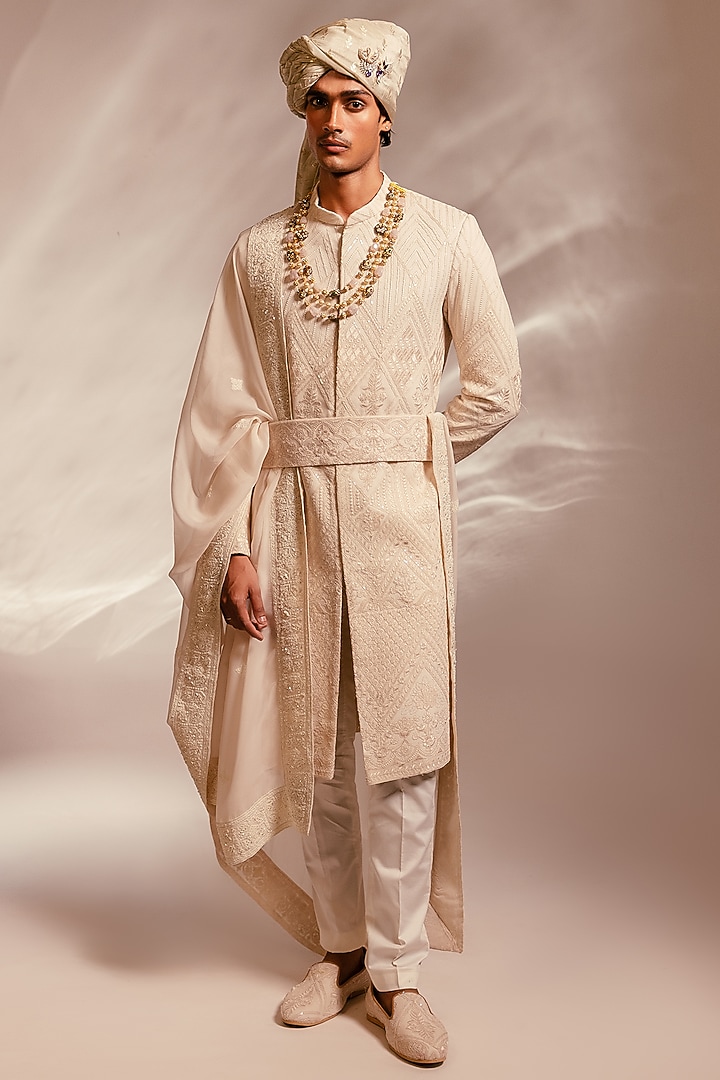 Light Pink Georgette Embroidered Groom Sherwani Set by PAARSH at Pernia's Pop Up Shop