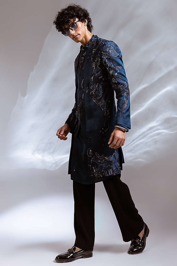 Teal Blue Linen Satin Embroidered Achkan Set by PAARSH at Pernia's Pop Up Shop