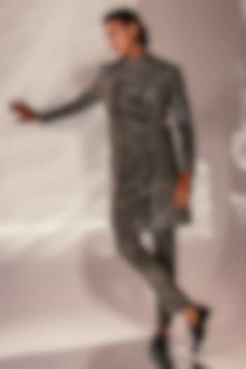 Charcoal Grey Linen Satin Dori Embroidered Achkan Set by PAARSH at Pernia's Pop Up Shop