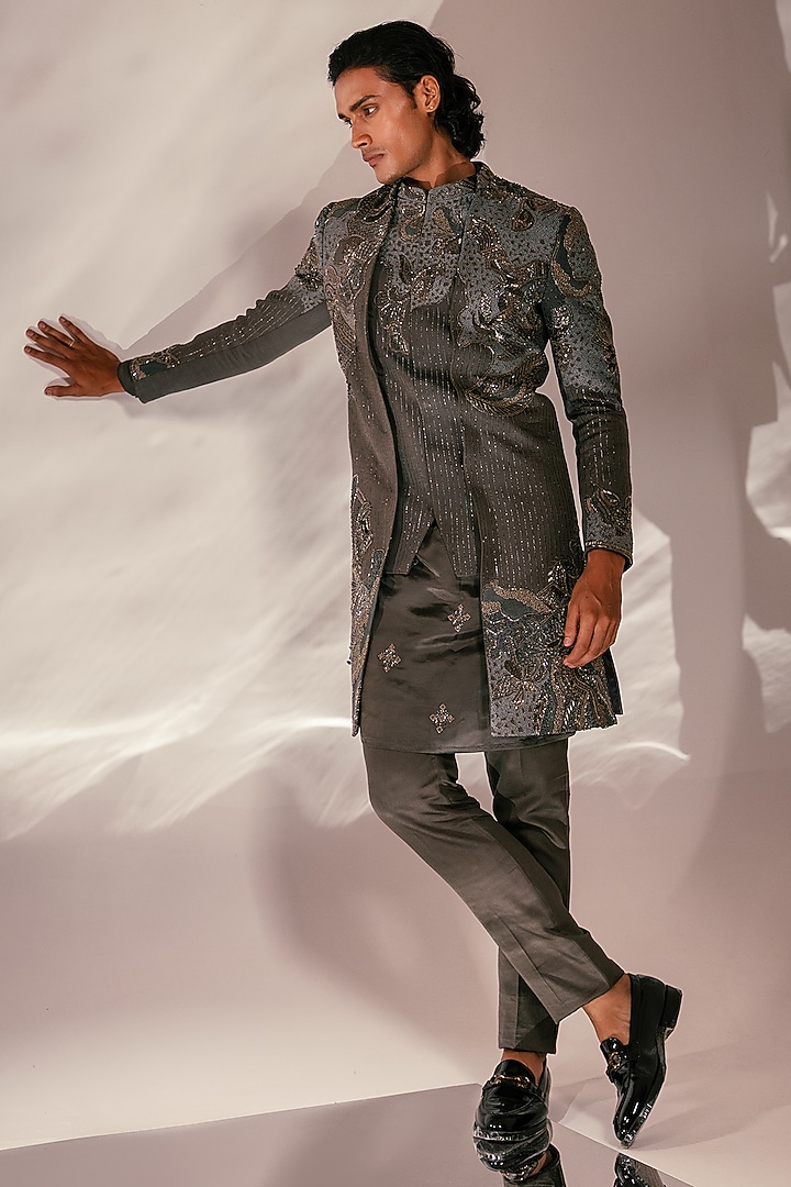 Charcoal Grey Linen Satin Dori Embroidered Achkan Set by PAARSH at Pernia's Pop Up Shop