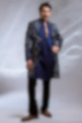 Prussian Blue Linen Satin Resham Embroidered Achkan Set by PAARSH at Pernia's Pop Up Shop
