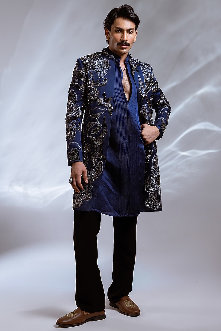 Prussian Blue Linen Satin Resham Embroidered Achkan Set by PAARSH at Pernia's Pop Up Shop