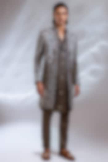 Moss Grey Raw Silk Satin Resham Embroidered Open Achkan Set by PAARSH at Pernia's Pop Up Shop