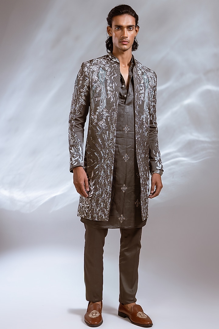 Moss Grey Raw Silk Satin Resham Embroidered Open Achkan Set by PAARSH at Pernia's Pop Up Shop
