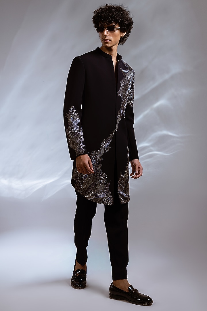 Navy Blue Suiting Cutdana Work Achkan Set by PAARSH at Pernia's Pop Up Shop