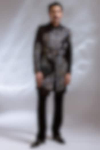Black Linen Satin Embellished Achkan Set by PAARSH at Pernia's Pop Up Shop