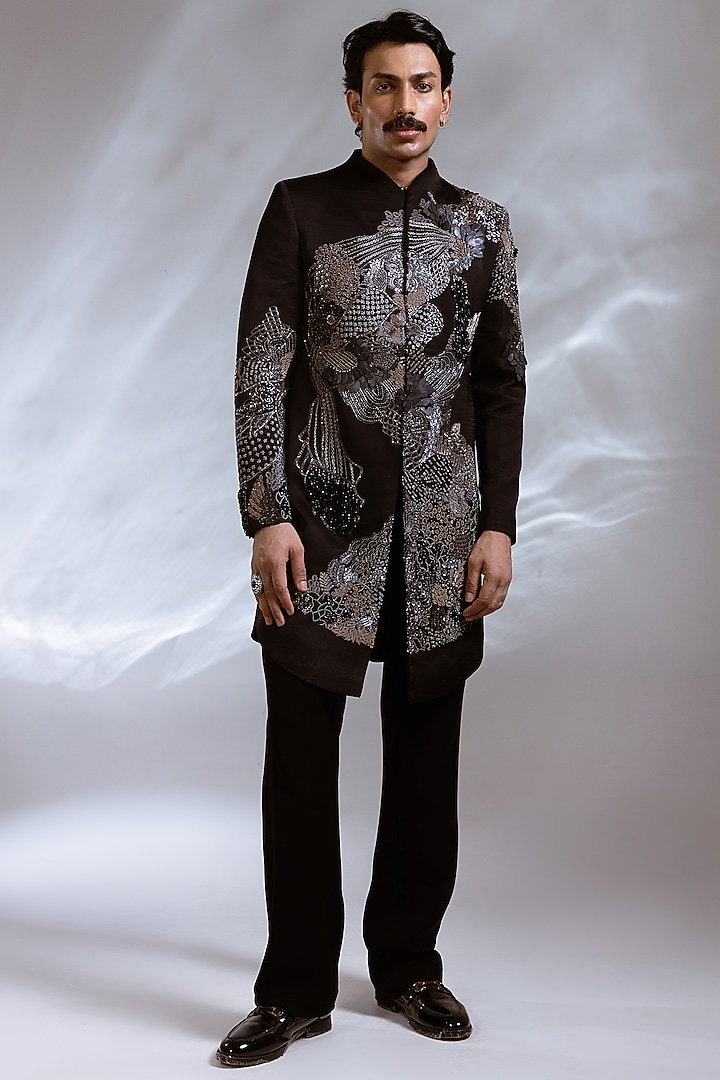 Black Linen Satin Embellished Achkan Set by PAARSH at Pernia's Pop Up Shop