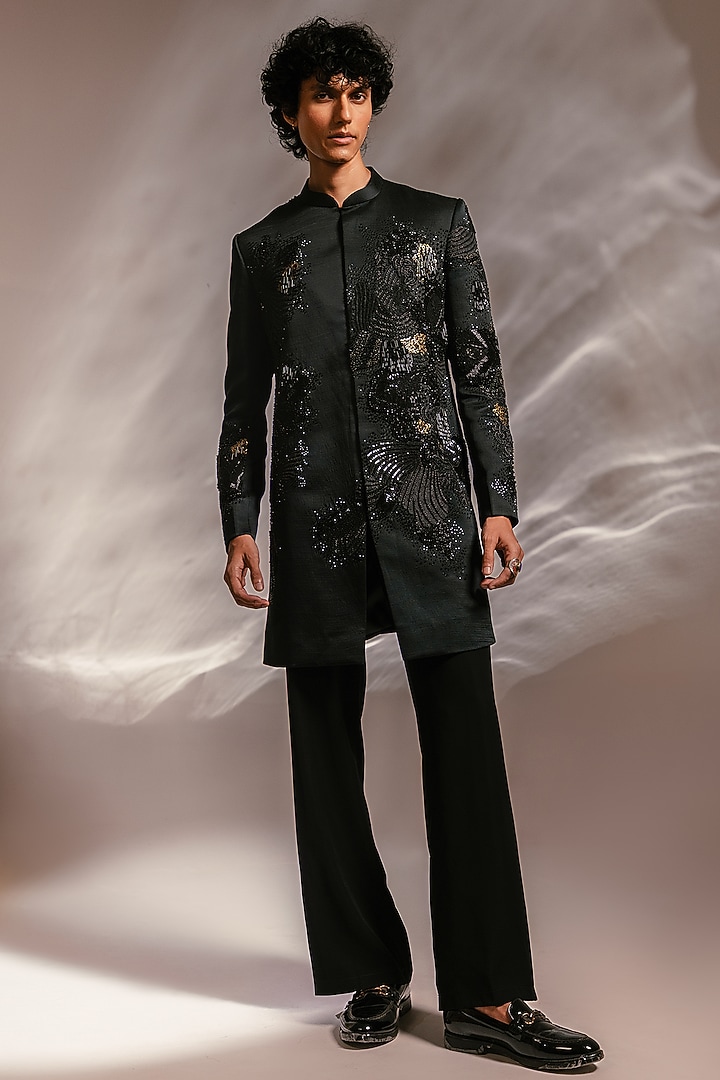 Emerald Green Linen Satin Embellished Achkan Set by PAARSH at Pernia's Pop Up Shop