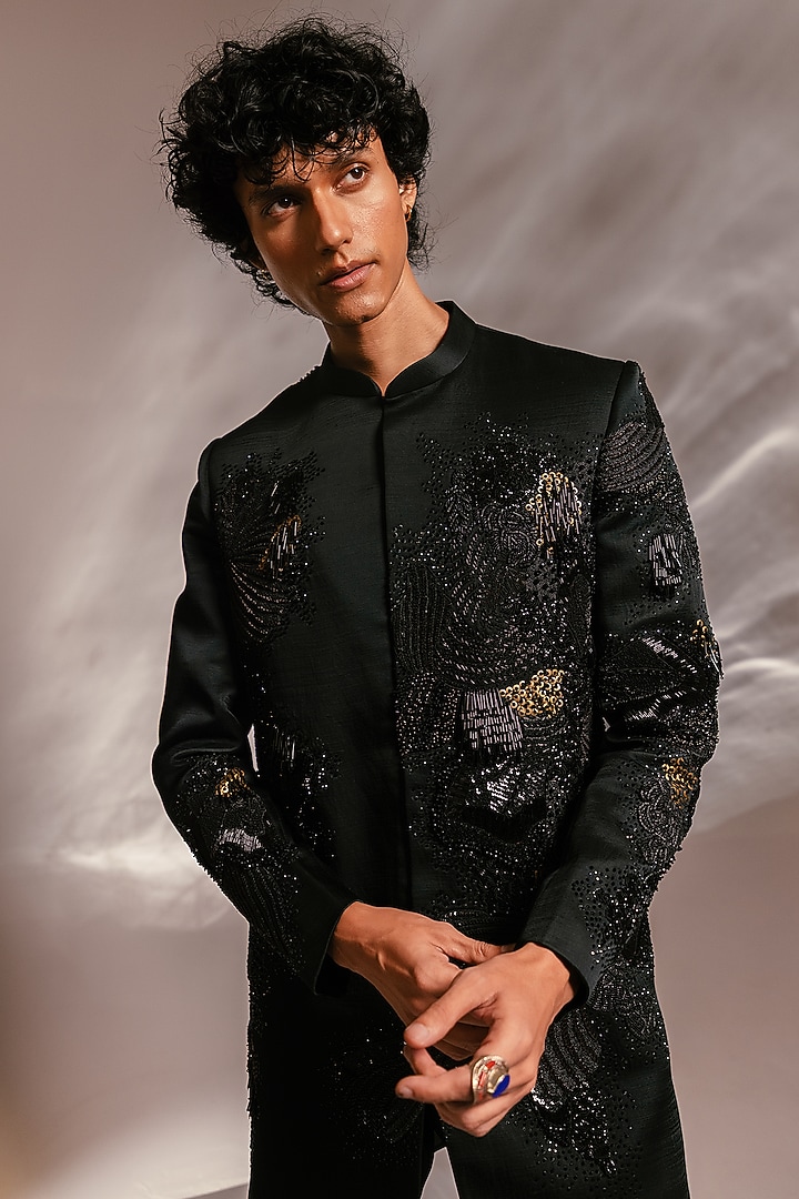 Emerald Green Linen Satin Embellished Achkan Set by PAARSH at Pernia's Pop Up Shop